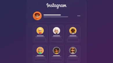 Instagram Önerilenler Neye Göre Çıkar? Koyu mor arka planda Instagram logosu ve altında 3D karakter ikonlarıyla altı adet önerilen profil kartı yer alan arayüz tasarımı.