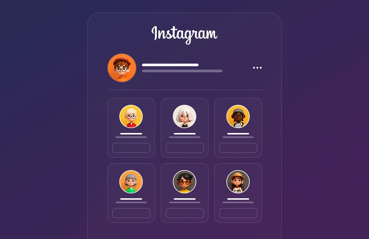 Instagram Önerilenler Neye Göre Çıkar? Koyu mor arka planda Instagram logosu ve altında 3D karakter ikonlarıyla altı adet önerilen profil kartı yer alan arayüz tasarımı.