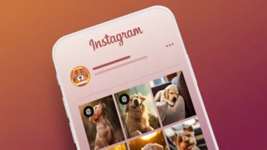 Instagram'da Etiketlendiğiniz Gönderileri Profile Ekleme Turuncu-kırmızı renk geçişli arka planda Instagram logosu, köpek profil simgesi ve köpek fotoğraflarından oluşan gönderi ızgarası bulunan akıllı telefon ekranı.
