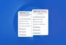Mavi arka planda Meta One Core ve Meta One Premium abonelik planlarının özellik listelerini ve platform seçeneklerini gösteren iki kart tasarımı.