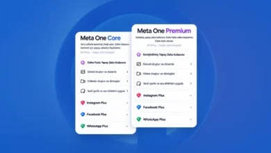 Meta One Duyuruldu: Ücretli Abonelik Paketleri ve Fiyatları Mavi arka planda Meta One Core ve Meta One Premium abonelik planlarının özellik listelerini ve platform seçeneklerini gösteren iki kart tasarımı.