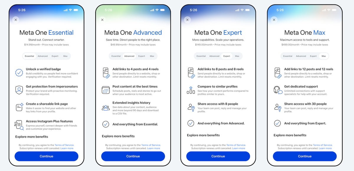 Yan yana sıralanmış dört akıllı telefon ekranında Meta One abonelik paketlerinin (Essential, Advanced, Expert, Max) özelliklerini ve aylık fiyatlandırmalarını gösteren arayüz tasarımı.
