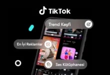 Siyah arka planda TikTok logosu, akıllı telefon ekranı ve Trend Keşfi, En İyi Reklamlar ile Ses Kütüphanesi etiketleri.