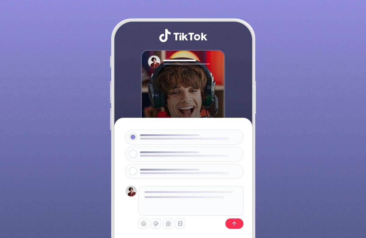 TikTok Yorum Bölümünü Yeniliyor: Sesli Mesaj ve Anket Özelliği Geldi! Mor arka planda TikTok logosu, kulaklıklı genç videosu ve alt kısmında açılır yorum penceresi yer alan akıllı telefon ekranı.