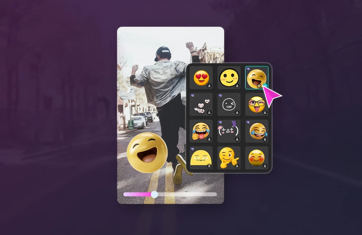 CapCut ile TikTok Video Düzenleme Nasıl Yapılır? Koyu mor arka planda video düzenleme ekranı, üzerinde 3D emoji ve yanında emoji seçim paneli.
