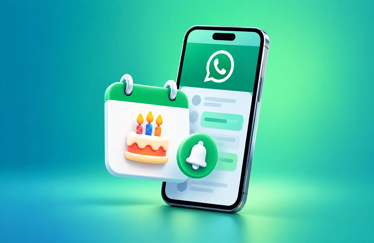 WhatsApp'a Doğum Günü Hatırlatıcısı Özelliği Geliyor Yeşil arka planda WhatsApp arayüzlü akıllı telefon, yanında 3D doğum günü pastalı takvim ve bildirim zili.