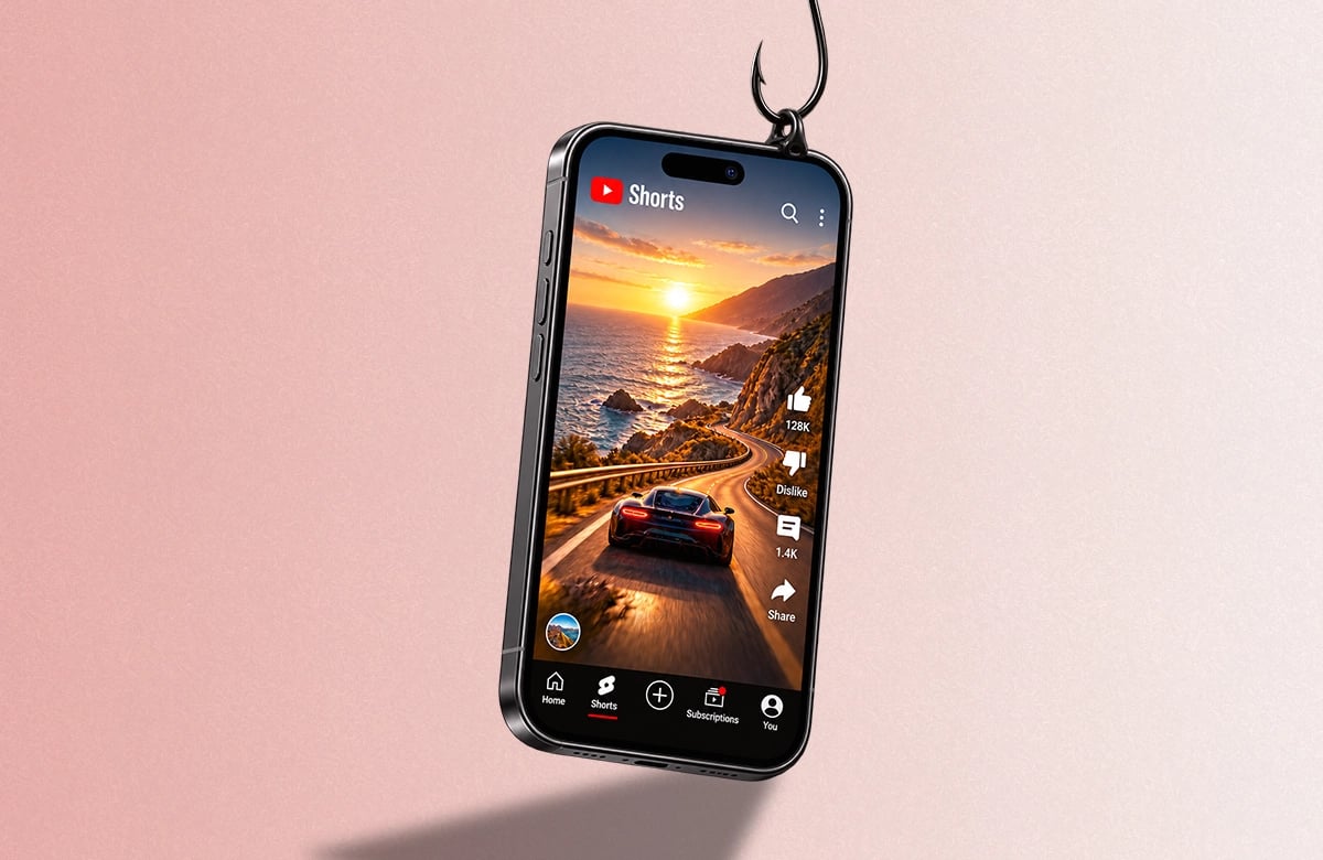 Hook Nedir? YouTube Shorts İçin İlk 3 Saniye Taktikleri Açık pembe arka planda bir olta kancasına takılı duran, YouTube Shorts arayüzü açık akıllı telefon.