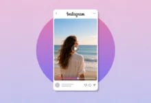 Pembe-mor renk geçişli dairesel arka planda, deniz manzaralı video oynatılan Instagram gönderi arayüzü.