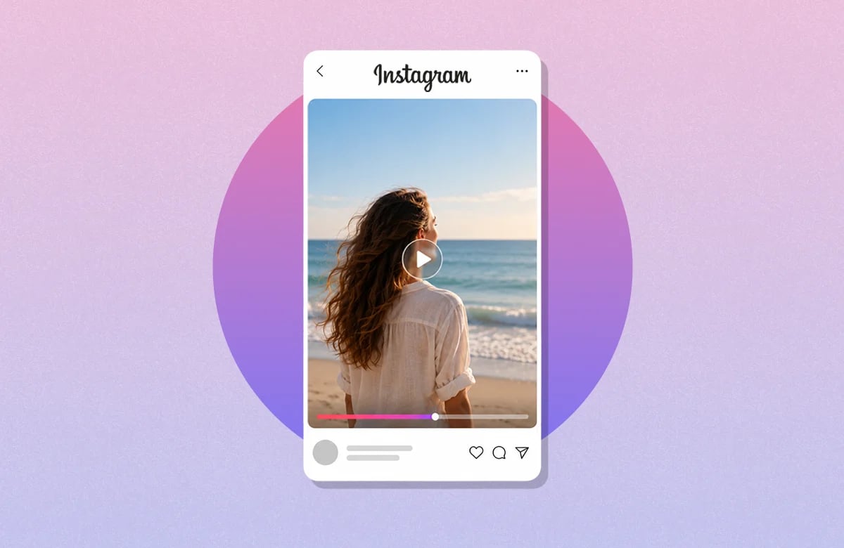Instagram'ın Yeni Uzun Video Formatı: Features Pembe-mor renk geçişli dairesel arka planda, deniz manzaralı video oynatılan Instagram gönderi arayüzü.
