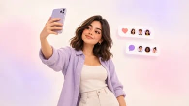 Micro Influencer Nedir? 5.000 Takipçide Markalarla Çalışmak Pastel pembe-mor arka planda akıllı telefonla selfie çeken genç kadın ve yanında sosyal medya etkileşim balonları.