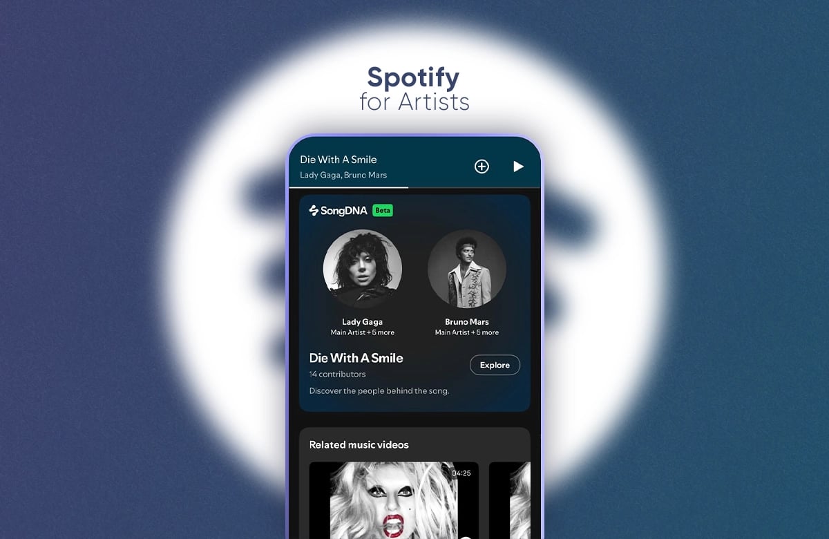 Spotify for Artists Nedir? Dinlenmeleri Artıran 3 Yöntem Koyu mavi arka planda Spotify logosu, "Spotify for Artists" yazısı ve SongDNA şarkı detay arayüzü açık akıllı telefon.