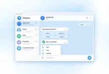 Açık mavi arka planda Telegram masaüstü uygulaması, Asistan Bot sohbet ekranı ve komut butonları