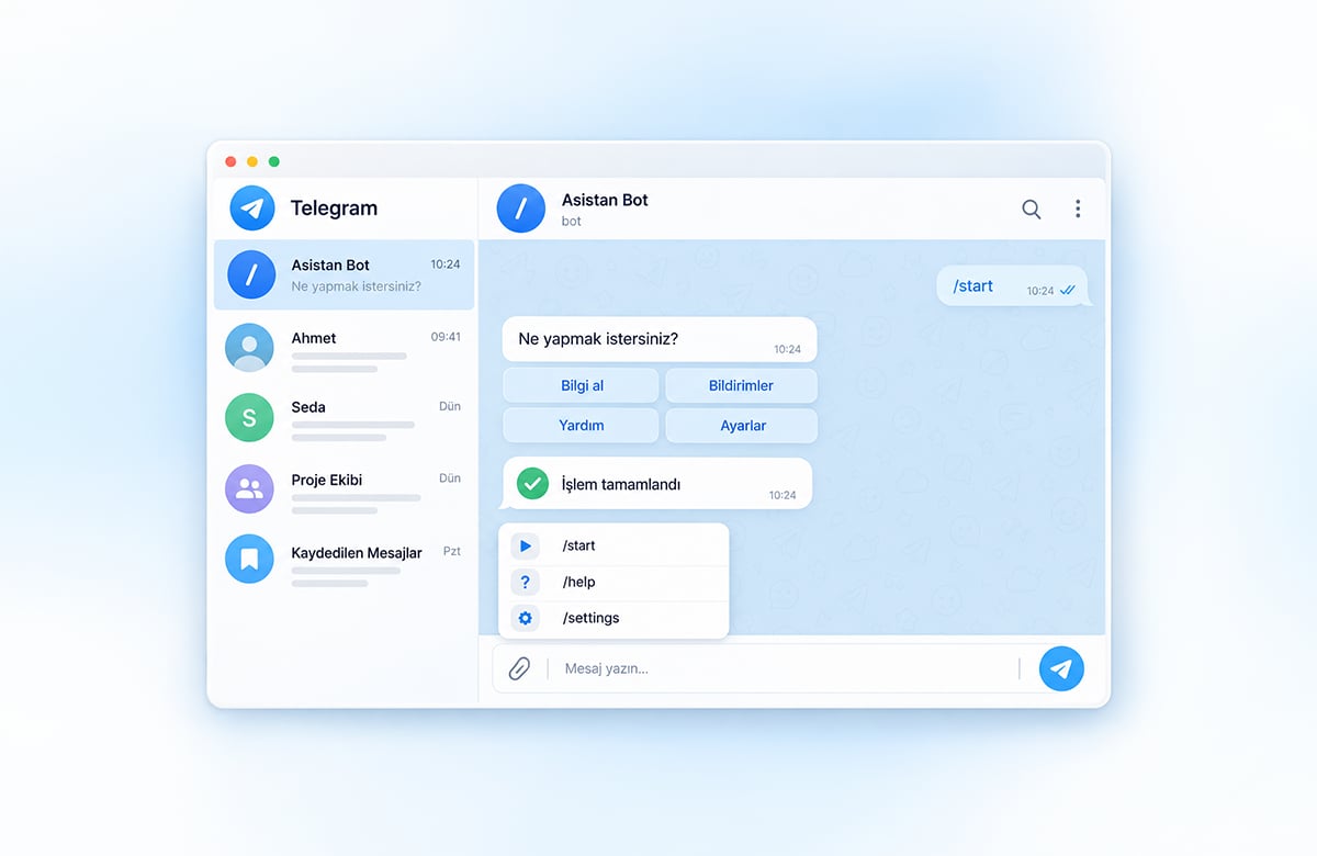 Telegram Bot Nedir? En Faydalı 5 Telegram Botu Açık mavi arka planda Telegram masaüstü uygulaması, Asistan Bot sohbet ekranı ve komut butonları