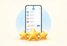 Açık krem ve mavi arka planda Telegram sohbet arayüzü açık akıllı telefon ve önünde 3D sarı yıldızlar.