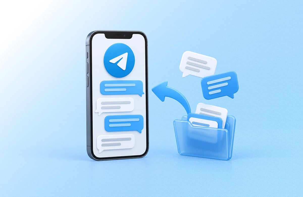 Telegram’da Silinen Mesajları Geri Getirme: %100 Çalışan Yöntemler Açık mavi arka planda Telegram sohbet arayüzlü akıllı telefon, yanında 3D klasör, aktarma oku ve mesaj balonları.